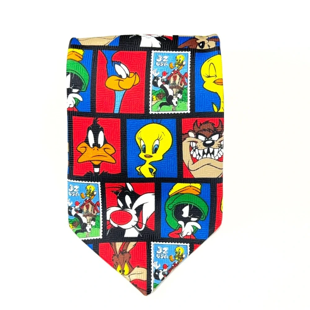 Vintage 1997 Looney Tunes Stamp Collection USPS Mens Tie Color Block Characters